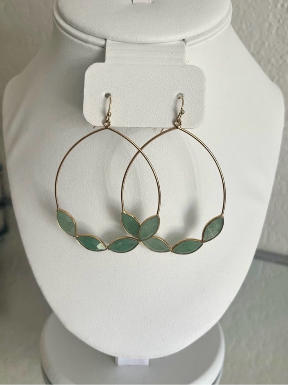 Anthropologie 18 karat gold plated earrings with Jade accents. 3” drop, 2” wide
